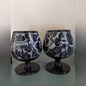 MARBLE ETCHED ONYX NATURAL STONE BLACK WINE GLASSES GOBLETS